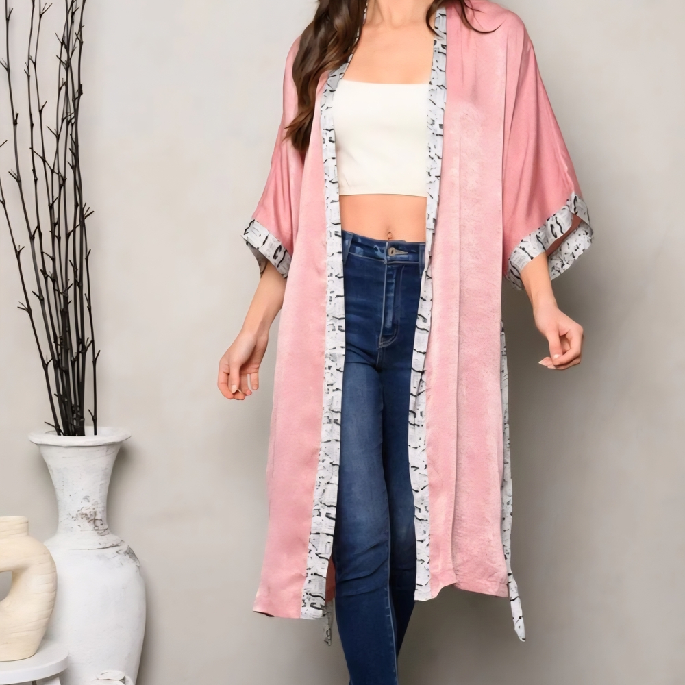E118 NWT Entro Pink Kimono Robe with Snake Print Accents Open Fron Tie Sm Md Lg - Picture 3 of 8